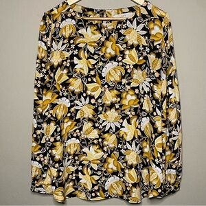 Loft Floral Long Sleeve Blouse Women XL Yellow Black Long Sleeve Career Workwear